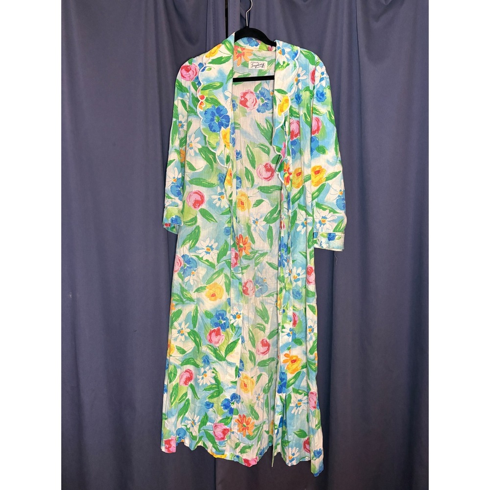 Vintage 60s Saybury Floral Duster Robe Scalloped Collar Long Housecoat